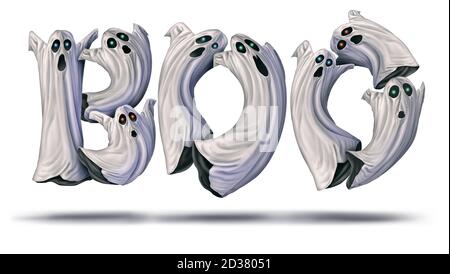 Boo Text aus niedlichen halloween fliegenden Geist und gruselige Geister in einem 3D-Illustration-Stil auf weißem Hintergrund. Stockfoto