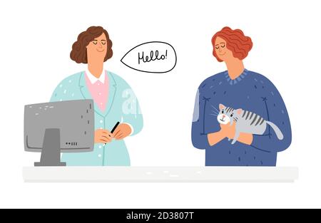 Tierärztliche Hilfe für Katze. Mädchen mit Haustier und Tierarzt. PET-Patienten, Frau hält Katze Vektor Illustration Stock Vektor