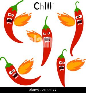 Würziges Chilischfeuer. Hot Chili roten Pfeffer Aufstoßen Flamme Vektor Illustration, Cartoon verschiedene Chilie Gemüse Zeichen isoliert auf weißem Hintergrund Stock Vektor