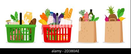 Lebensmittelkorb. Öko Einkaufstaschen und Körbe mit Lebensmitteln. Vektor Supermarkt Illustration Stock Vektor