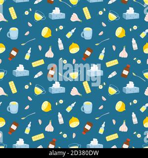 Kalte Heilmittel nahtloses Muster. Winter kalt und Grippe Gesundheit Heilmittel Vektor Textur, Sirup mit Zitrone und Medizin Aspirin Pillen, Medikamente Tropfen Stock Vektor