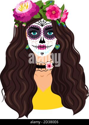 Tag des toten Mädchens. Frau Zucker Kopf Make-up für mexikanische Partei auf Dia de los muertos, Totenschädel weibliche Gesicht Vektor Illustration für gruselige halloween-Festival Stock Vektor
