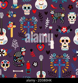 Nahtloses Deadpattern. Halloween Mode drucken oder mexikanische Tag der Toten stilvolle Muster, niedlichen Tod Feiertag Ereignisse Dekoration Vektor Hintergrund Stock Vektor