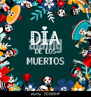 Day of Dead, Dia de los muertos, flache Vektor Social Media Banner Vorlage. Skelette feiern mexikanischen traditionellen Urlaub Poster Layout mit spanischem Text. Party Cartoon Einladung Design Stock Vektor