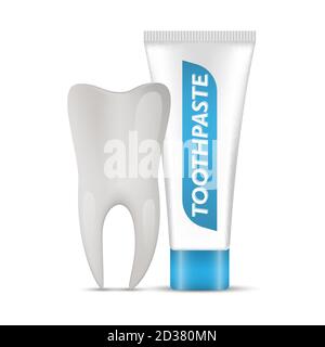 Zahn und Zahnpasta isoliert auf weißem Hintergrund, Whitening Zahnpasta Werbung, Vektor-Illustration Stock Vektor