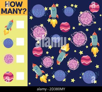 Zählspiel für Vorschulkinder. Pädagogisch ein mathematisches Spiel. Zählen Sie, wie viele Raumschiffe Stock Vektor