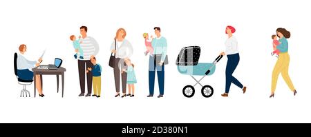 Lange Warteschlange. Lange Linie Eltern mit Kindern zu Administrator. Flache Personen Vektorzeichen Stock Vektor