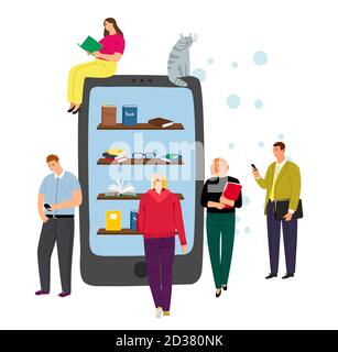 Konzept der Online-Bibliothek. Telefon, E-Reading-App und kleine Menschen Zeichen. Cartoon Junge und Mädchen mit Büchern, Vektor-Illustration Stock Vektor