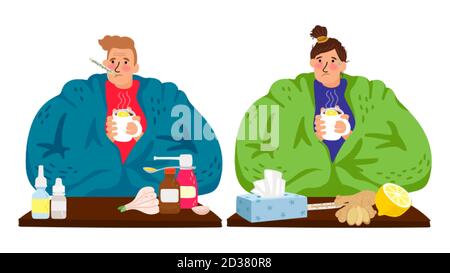 Kranke Menschen. Kalt kaukasischen Mann und Frau, Winter Grippe männlichen weiblichen Charakter Vektor-Illustration. Krankheitspatienten Stock Vektor