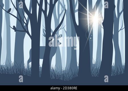 Hirsch in Waldlandschaft. Wild Rehe oder Rentier Silhouette in dunklen Wäldern Bäume Hintergrund mit Sonnenstrahl durch Nebel Vektor Illustration Stock Vektor