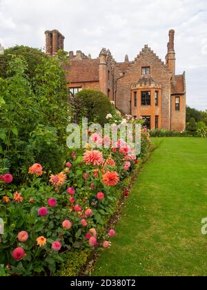 Wunderschöne Chenies Manor Gärten im September umgeben von lachsrosa Dahlien Blüten, 'Belle of Barmera', gekippten Eibenbäumen und Rosa 'Ballerina'. Stockfoto