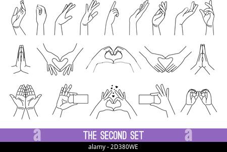 Lineare Frauen Hände Gesten Grafiken. Linien Kunst Hand Geste Zeichnungen, Ladys oder weibliche Kontur Kontur Arme, zeigt Herz und Freiwillige, so beten und berühren Menschen Schlaganfall Symbole Stock Vektor