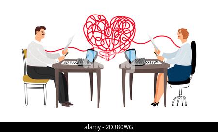 Liebe Affäre bei der Arbeit Vektor-Illustration. Kollegen sind verliebt, männliche Managerinnen Stock Vektor
