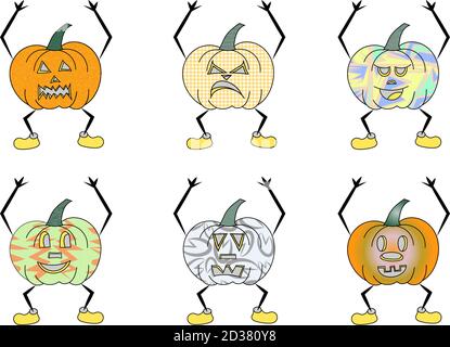 Set von lustigen Cartoon Kürbisse Monster mit Händen auseinander Stock Vektor