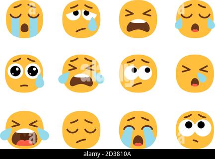 Gelbe weinende Emoji-Gesichter. Cry Face Set, Vektor Crier Emojies mit Tränen, Schmerz oder traurige Emoticons, Traurigkeit oder unglückliche Menschen Symbole Stock Vektor
