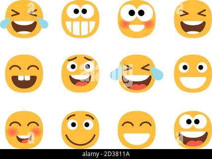 Fröhliche Emoticons. Lustige lachende Gesichter, lachen mit Tränen Lächeln, Freude und Glück, lächelnd Cartoon Emoji-Set, lol jubelnde Charaktere Stock Vektor
