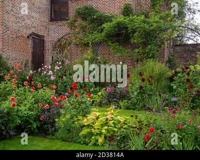 Chenies Manor versunkenen Garten im September. Dahlia Sorten von der Pavillon oder Old Nursery.Dahlias 'Finchcocks', 'Jescot Julie', 'Karma Choc'. Stockfoto