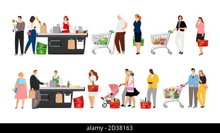 Einkaufsliste für Lebensmittel. Shop Warteschlangen Menschen, Karikatur-Einzelhandel Kunden in lange Linie und Kassierer Mitarbeiter, Vektor-Illustration Stock Vektor