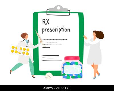 RX Rezept Konzept. Ärzte und Pillen. Vector rx Rezept Illustration, Karikatur Apotheker und Medikamente Stock Vektor