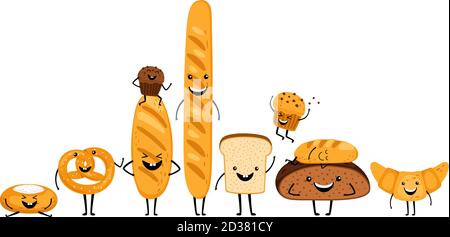 Doodle lächelndes Brot Zeichen auf weißem Hintergrund isoliert gesetzt. Vektorgrafik Stock Vektor