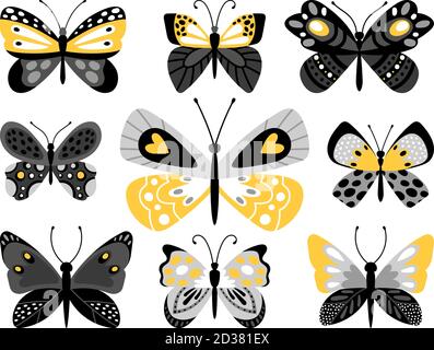 Schmetterlinge Vektor Farbe Illustrationen Set. Tropische Insekten mit gelben Ornamenten auf Flügeln isoliert Bündel auf weißem Hintergrund. Exotische Insekten Cliparts. Schmetterlinge Scrapbooking Dekor Elemente Stock Vektor