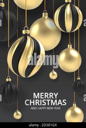 Xmas Hintergrund Gold Weihnachtskugel in realistischem Stil auf schwarzem Hintergrund. Vektorgrafik. Stock Vektor