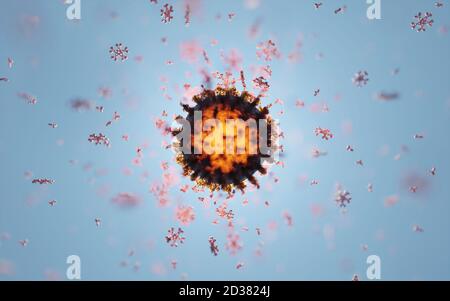 Cluster von humanen Antikörpern (IgG und IgM), die ein Corona-Virus angreifen (Covid 19). Ein genaues Modell auf Basis wissenschaftlicher Strukturdaten aus dem HVE. Stockfoto