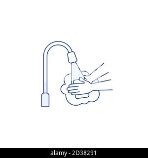 Waschen Sie die Hände mit dem Symbol für die isolierte Linie des Seifenwassers. Stock Vektor