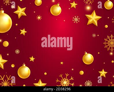 Weihnachtskarte mit leuchtend goldenen Kugeln, Sternen und Schneeflocken. Feier Grenze. Luxus rot Urlaub Hintergrund. Schicker Rahmen für Neujahr Stock Vektor
