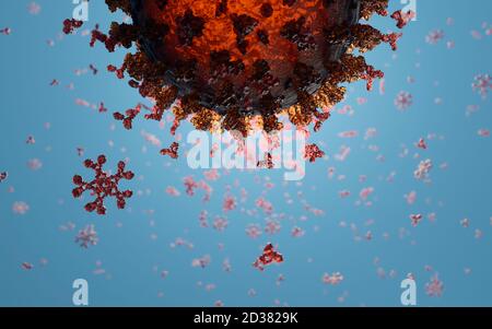 Humane Antikörper (IgG und IgM), die ein Corona-Virus angreifen (SARS-CoV-2, Covid 19). Ein genaues Modell auf Basis wissenschaftlicher Strukturdaten aus dem HVE. Stockfoto