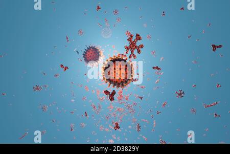Humane Antikörper (IgG und IgM), die ein Corona-Virus angreifen (SARS-CoV-2, Covid 19). Ein genaues Modell auf Basis wissenschaftlicher Strukturdaten aus dem HVE. Stockfoto