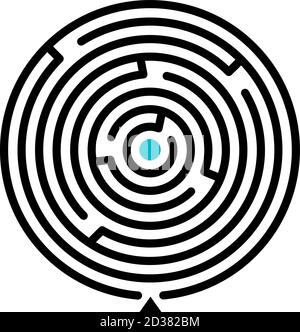 Kreisrunde Vektorgrafik Labyrinth. Finden Sie Pfad pädagogisches Spiel auf weißem Hintergrund. Kreis Form Labyrinth mit Eintrag isoliert Cliparts. Problemlösung, Herausforderung und logisches Denken Konzept Stock Vektor