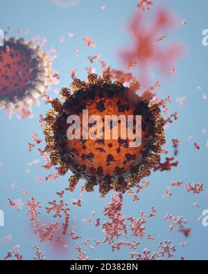 Humane Antikörper (IgG und IgM), die ein Corona-Virus angreifen (SARS-CoV-2, Covid 19). Ein genaues Modell auf Basis wissenschaftlicher Strukturdaten aus dem HVE. Stockfoto