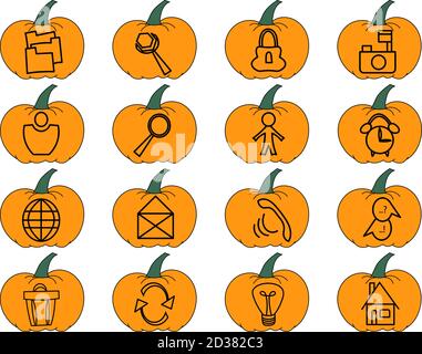 Benutzeroberfläche Icon Pack mit orangen halloween und Danksagung Kürbisse Stock Vektor