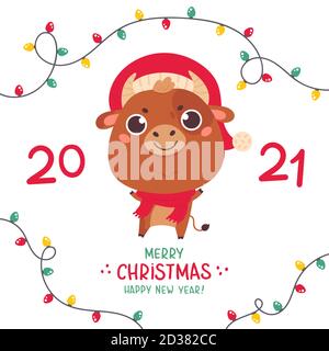 Niedliche Cartoon-Stier mit den Weihnachtsgirlanden. Stock Vektor
