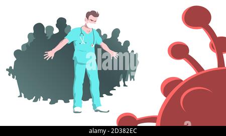 Arzt Mann rettet Menschen vor Coronavirus. Mutiger Held. Vektorgrafik Konzept. Stock Vektor