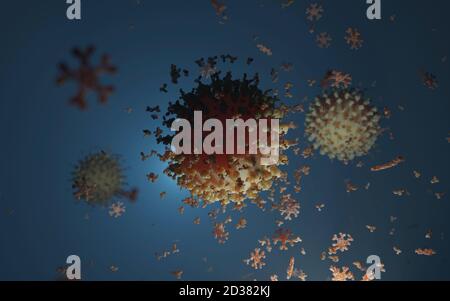 Cluster von humanen Antikörpern (IgG und IgM), die ein Corona-Virus angreifen (Covid 19). Ein genaues Modell auf Basis wissenschaftlicher Strukturdaten aus dem HVE. Stockfoto