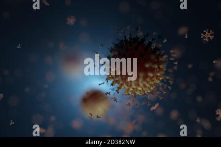 Humane Antikörper (IgG und IgM), die ein Corona-Virus angreifen (SARS-CoV-2, Covid 19). Ein genaues Modell auf Basis wissenschaftlicher Strukturdaten aus dem HVE. Stockfoto