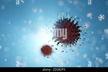 Humane Antikörper (IgG und IgM), die ein Corona-Virus angreifen (SARS-CoV-2, Covid 19). Ein genaues Modell auf Basis wissenschaftlicher Strukturdaten aus dem HVE. Stockfoto