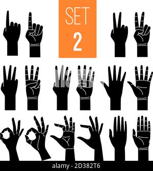 Frau Hände zeigen Geste Glyphe Symbole gesetzt. Ein, zwei, drei, vier, fünf Zahlen Symbol. Arm zeigt mit Zeigefinger isolierte Clipart auf weißem Hintergrund. OK-Symbol. Nonverbale Sprache Stock Vektor