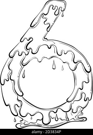 Nummer 6 mit Wassertropfen und Goo-Spritzer. Symbol für tropfende Flüssigkeit. Vektor trendy Schriftart in Hand gezeichnet Linie Art Stil isoliert auf weißem Hintergrund. Slime-Logo oder Anfangsbuchstaben. Stock Vektor