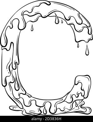 Buchstabe C mit Fliesstropfen und goo Spritzer. Symbol für tropfende Flüssigkeit. Vektor trendy Schriftart in Hand gezeichnet Linie Art Stil isoliert auf weißem Hintergrund. Slime-Logo oder Anfangsbuchstaben. Stock Vektor