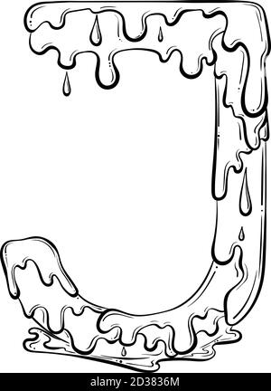 Buchstabe J mit Fliesstropfen und goo Spritzer. Symbol für tropfende Flüssigkeit. Vektor trendy Schriftart in Hand gezeichnet Linie Art Stil isoliert auf weißem Hintergrund. Slime-Logo oder Anfangsbuchstaben. Stock Vektor