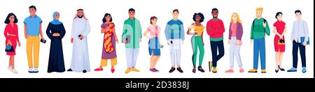 Multiethnische Menschenmenge isoliert auf weißem Hintergrund. Vektor flache Cartoon-Figuren Illustration. Kaukasische, asiatische, afrikanische, arabische Männer und Frauen. Stock Vektor