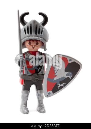 Playmobil Knight Figur isoliert auf weißem Hintergrund Stockfoto