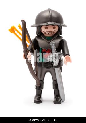 Playmobil Medieval Soldier Figur isoliert auf weißem Hintergrund Stockfoto