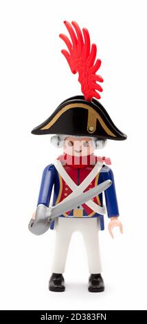 Playmobil Officer Figur isoliert auf weißem Hintergrund Stockfoto