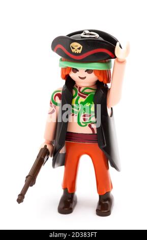 Playmobil Pirate Figur isoliert auf weißem Hintergrund Stockfoto