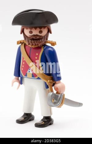 Playmobil Pirate Figur isoliert auf weißem Hintergrund Stockfoto