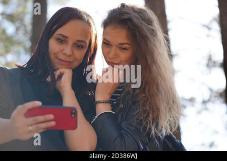 Nahaufnahme von jungen Frauen, die Selfie auf dem Smartphone in Holz. Hübsche Frauen, die auf dem Handy fotografieren. Stockfoto